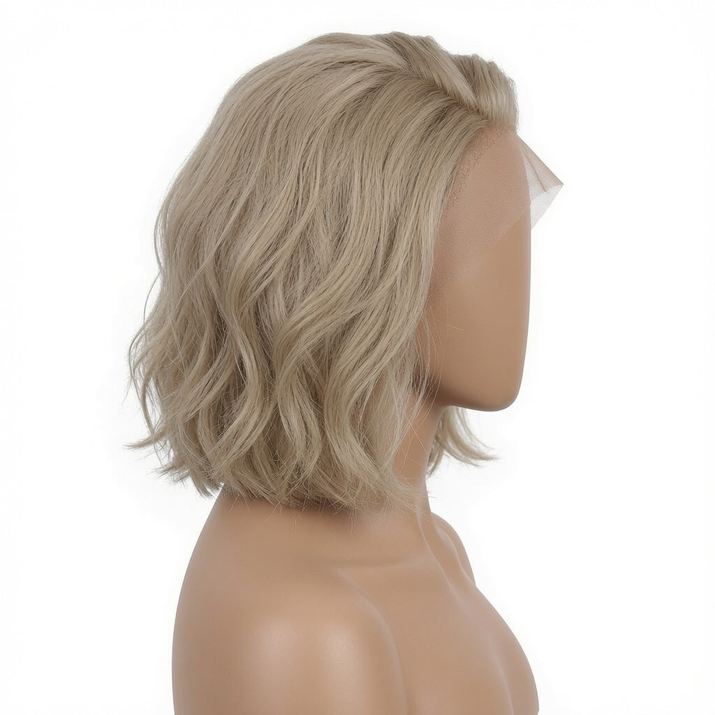 Short Ash Blonde Wavy Bob Lace Front Wig – Human Hair, Pre-Plucked Hairline, Glueless Cap