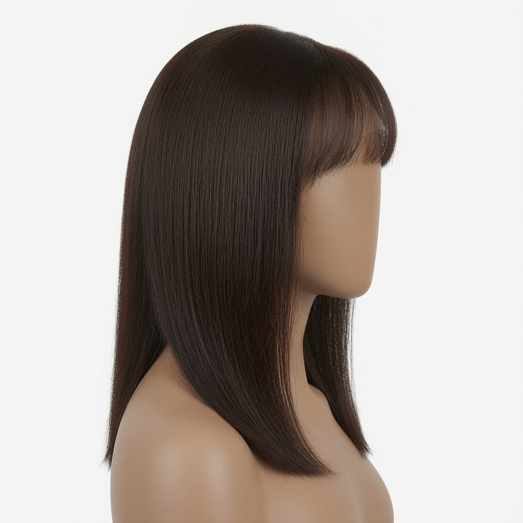 Shoulder Length Dark Brown Straight Lace Front Wig with Blunt Bangs – Human Hair, Pre-Plucked Hairline, Glueless Cap